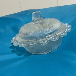 Vintage Trinket Box Crystal Glass Round Jewelry Dish with Lid 6" round